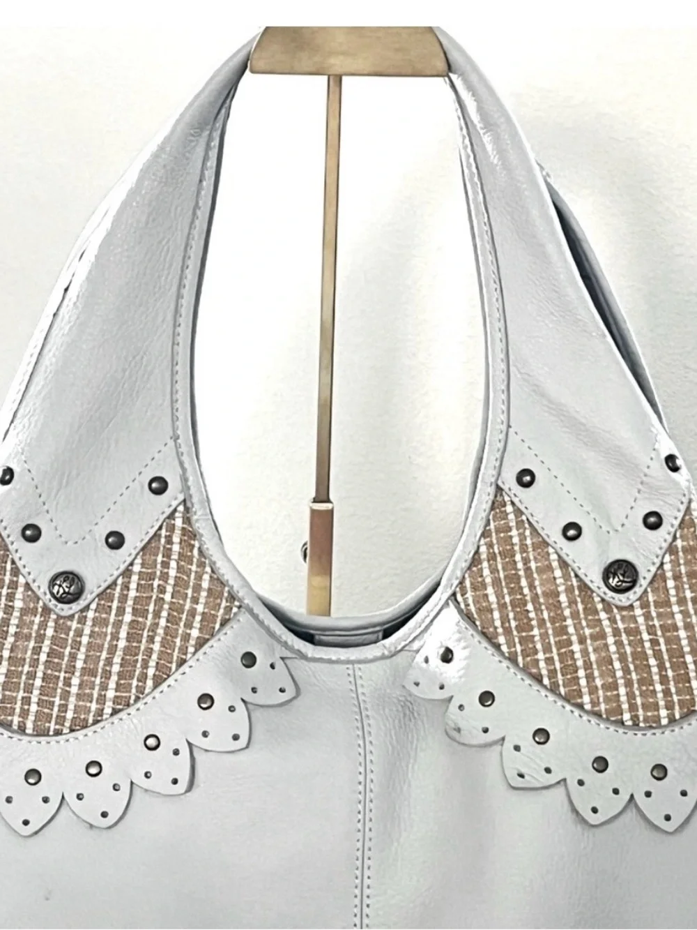 Kate Landry White Leather Studded Hobo Shoulder Bag Tweed Scallop Boho EUC